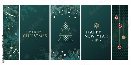 Elegant dark green christmas and new year greeting cards with gold accents and pine branches
