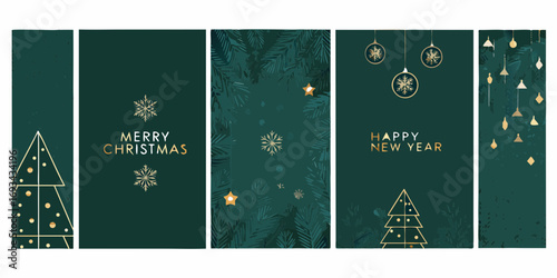 Elegant green and gold christmas and new year greeting cards collection with festive ornaments and pine branches