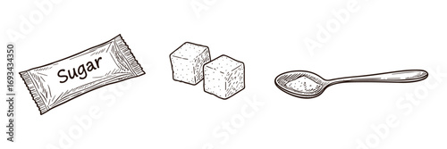Sugar Set: Packet, Cubes, and Spoon with Granulated Sugar, Detailed Line Art Illustration