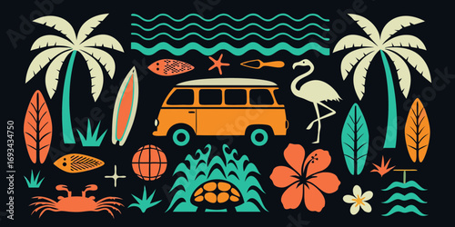 Retro summer vacation tropical beach scene with palm trees flamingo van and surfboards