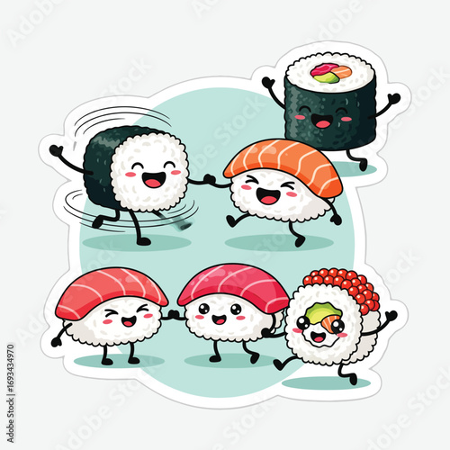 Adorable Sushi Characters Holding Hands and Dancing in a Whimsical Celebration of Food and Friendship