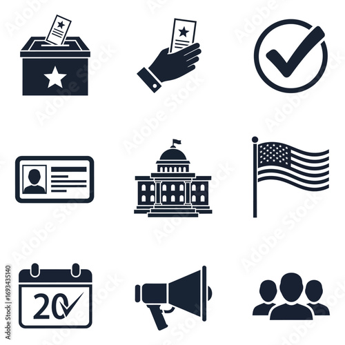 Collection of political and election related icons on a clean white background representing civic duty and democratic participation