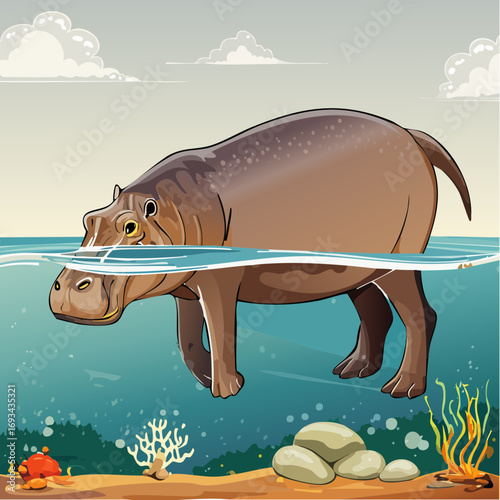 hippopotamus gorgops river scene illustration for paleo wildlife