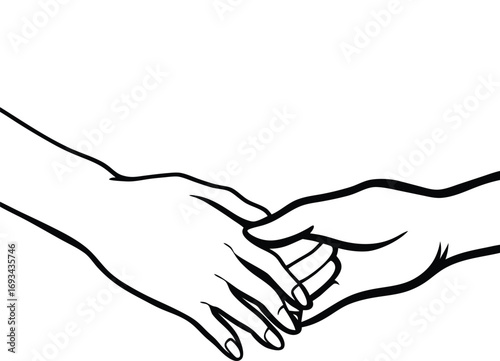 Closeup of two hands gently holding each other isolated on white background