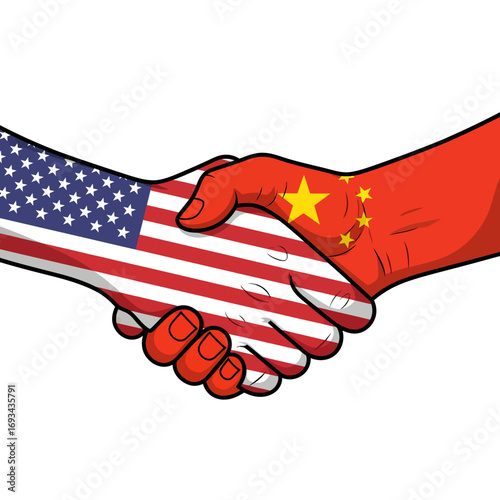 Two hands, one with the American flag and the other with the Chinese flag, shaking in a gesture of diplomacy and international relations.