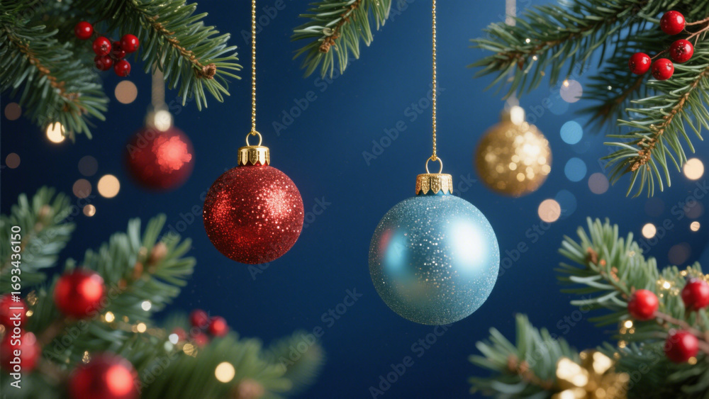 Fototapeta premium A festive deep navy blue background adorned with elegant Christmas ornaments. Christmas, Christmas Tree, Merry Christmas, Christmas Background, Christmas Lights