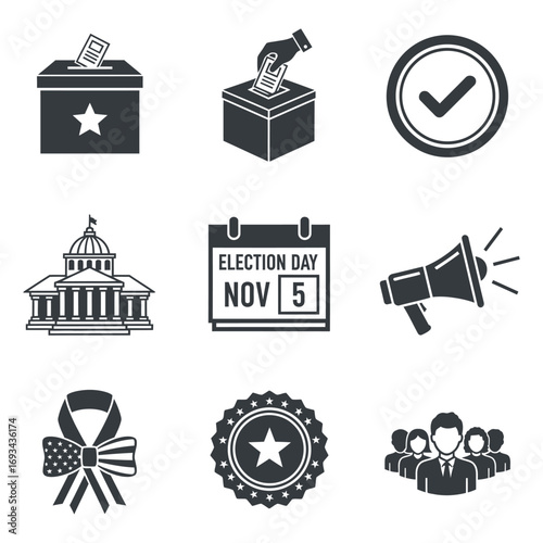 Election Day Vector Icon Set with Polling Boxes Calendar Building and Patriotic Symbols for Democracy and Civic Engagement
