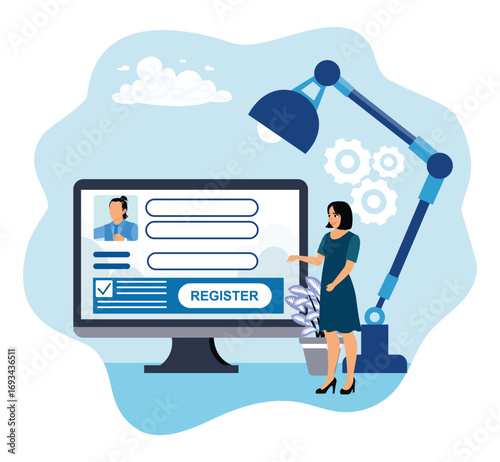 Woman evaluates online registration form.