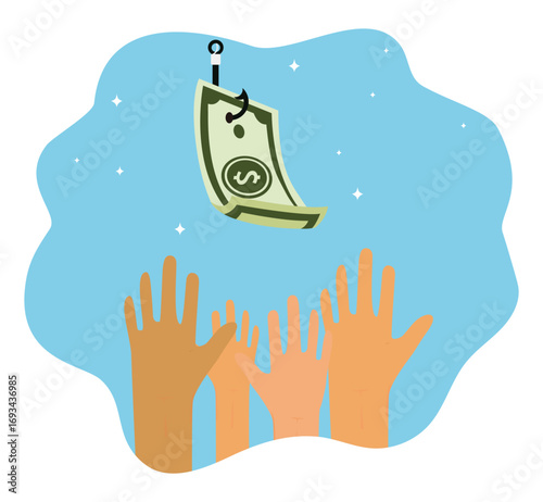 A group of hands tries to get money from illegal investments.