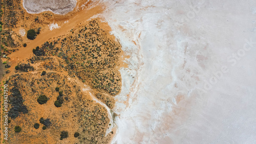Aerial view of lake Hart, a large salt lake located in outback South Australia, situated off the Stuart Highway, north of Pimba and approximately 37 km south of Woomera. 
