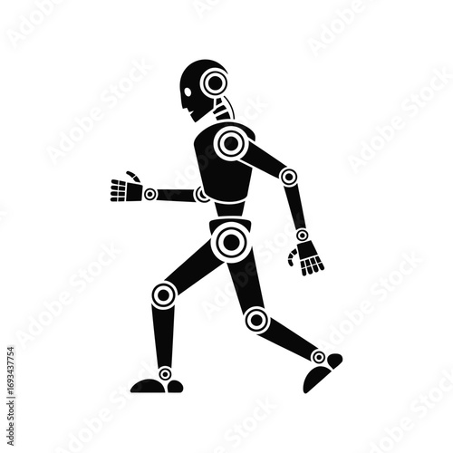 Silhouette of a running robot with visible joints and circular accents