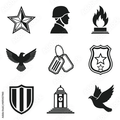 Symbols of patriotism and remembrance featuring soldier star eagle memorial and eternal flame in a minimalist vector design