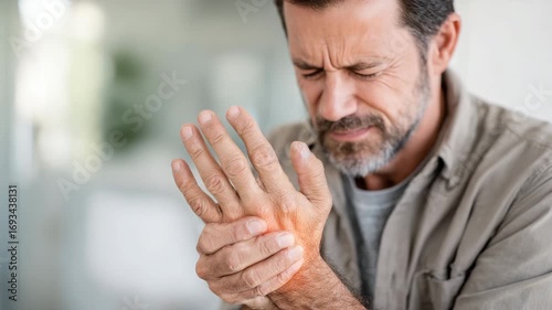Middle aged man with hand pain and wrist discomfort, suffering from arthritis or injury, adult male grimacing pain, holding painful hand, health problem, joint pain, stress, chronic illness