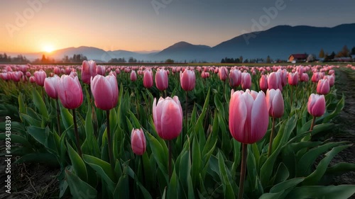 Pink tulip flower field sunrise landscape with mountain background, vibrant green leaves, peaceful rural countryside, spring season, natural beauty, outdoor scenic view, calm serene atmosphere