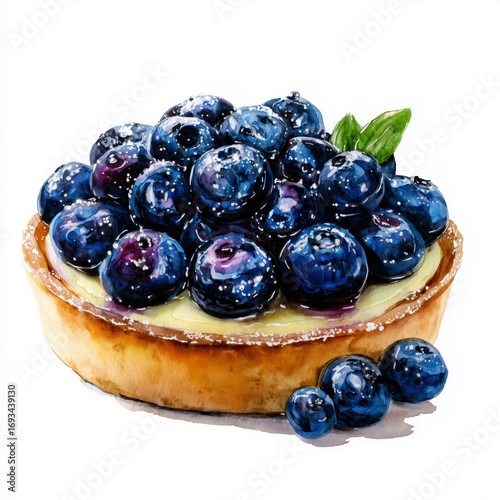 Watercolor illustration of blueberry tart with buttery crust, custard base, topped with glossy fresh blueberries, artistic watercolor food art, 