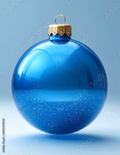 Blue Glass Christmas Ball Ornament Glitter Detail on Light Blue Backdrop