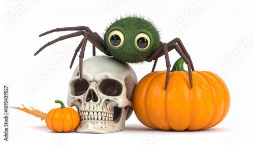 Cute 3d cartoon zombie Creepy spider crawling over a skull and pumpkin, white background