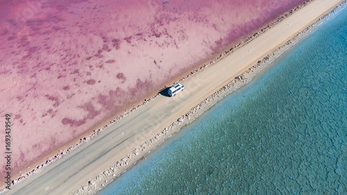 Lake Macdonnell, a salt lake on western Eyre Peninsula near the Nullarbor Plain. The closest town is Penong, 13 kilometres to the north. It is the site of a former salt mine.