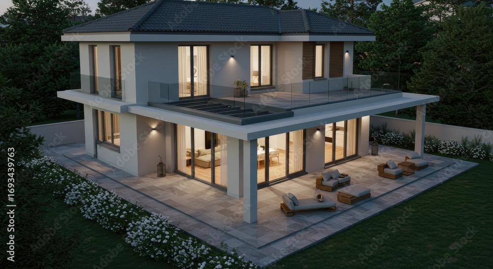 Fototapeta premium Modern Luxury House Exterior with Outdoor Living Space at Dusk