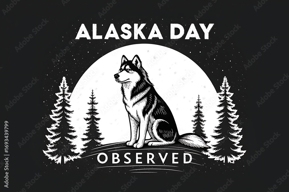 Naklejka premium Alaska Day Celebration Featuring Husky and Nature in Monochromatic Design
