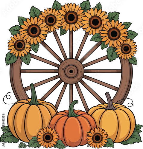 Autumn wagon wheel with sunflowers and falling leaves silhouette