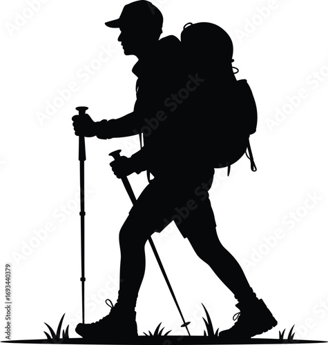 Backpacker hiking with trekking poles in a minimalist silhouette