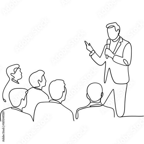 Speaker addresses an attentive audience in a minimalist line drawing