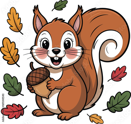 Happy squirrel with falling autumn leaves silhouette design