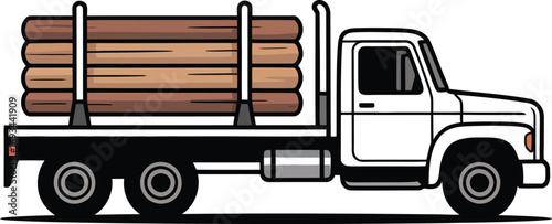 Industrial logging truck transporting a large load of wood logs silhouette