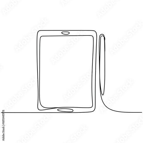 Minimalist single line drawing of a tablet and stylus