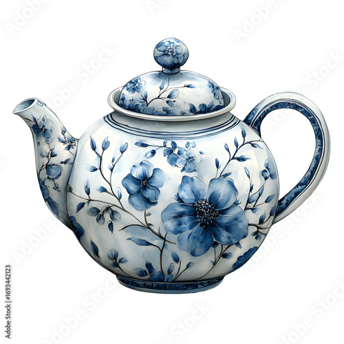 Beautiful blue floral teapot on transparent background