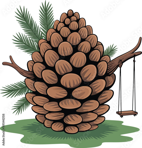 Cartoon pine cone character holding a swing silhouette