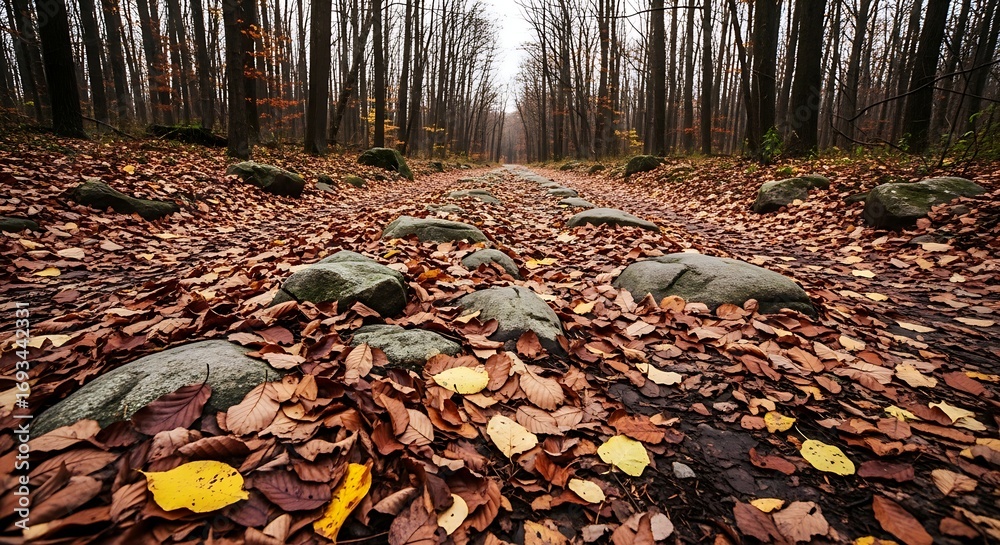 Obraz premium Forest path covered in fallen autumn leaves and rocks, leading into the woods