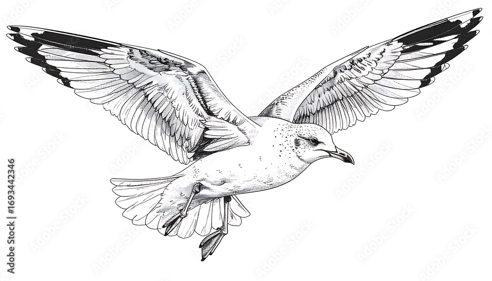 Obraz premium Black and white illustration of a seagull in flight