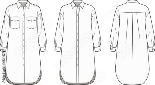 Long shirt dress technical sketch, front side back view, garment flat drawing, fashion cad template, apparel design vector illustration