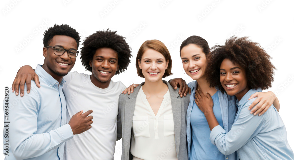 Naklejka premium A group of five young adults, three men and two women, of diverse ethnicities, smiling and embracing each other, isolated on transparent background