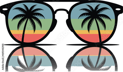 Stylish sunglasses reflecting tropical palm trees silhouette