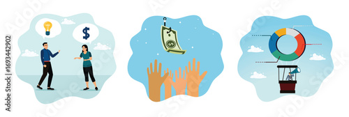 Venture capital fundraising, illegal investments, entrepreneurs analyzing statistical charts.