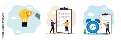 Invest stocks, team checks the to-do list, mark off completed tasks to improve productivity.