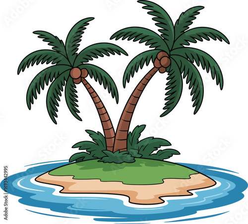 Tiny tropical island with palm trees silhouette at sunset