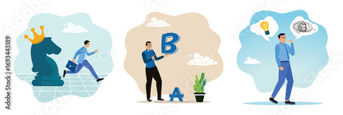 Strategy business competition, entrepreneurs with solution options, solve problems and ideas.