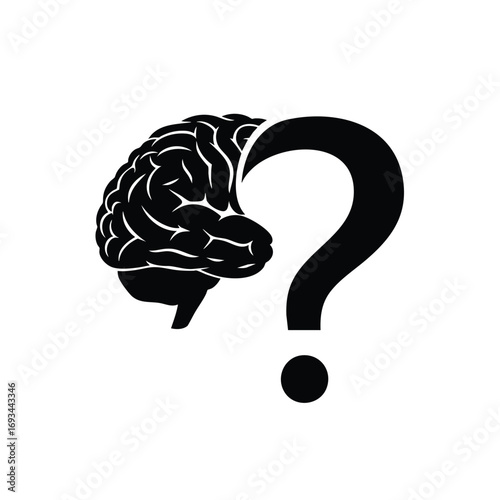 A black silhouette icon of a human brain seamlessly merging with a question mark symbol.