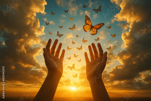 AI generated conceptual photography of human hands releasing butterflies into dramatic golden sky with sunlight and clouds symbolizing freedom hope peace transformation spiritual healing inspiration