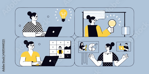 Diverse women collaborating and brainstorming innovative ideas in a modern office setting