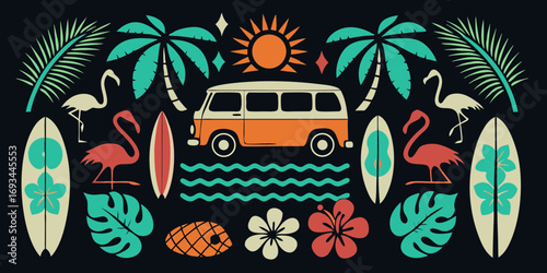 Retro summer vacation scene with a vintage van surfboards flamingos palm trees and tropical flowers