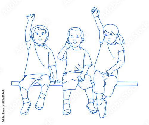 Three Children Sitting On Bench Waving Hands