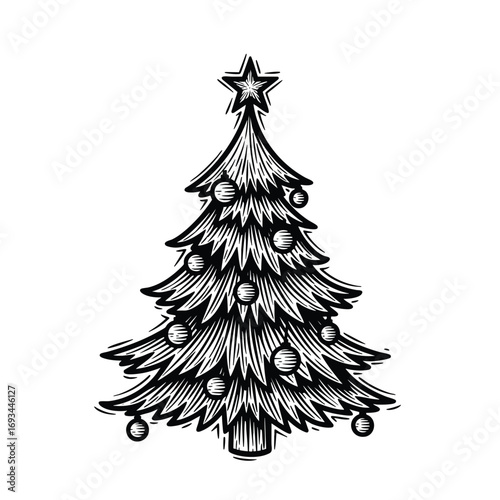 A handdrawn Christmas tree illustration in a black and white vintage woodcut style decorated with ornaments and a star.
