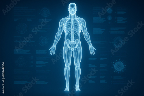 AI generated ultra realistic hologram of full human body anatomy showing skeleton muscles and organs in glowing blue white futuristic medical science interface with abstract digital background