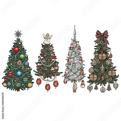 A set of four beautifully illustrated Christmas trees each with unique and festive decorations.