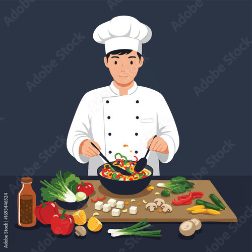 A flat 2D vector illustration depicts a chef expertly preparing a vibrant vegetarian stir-fry with fresh bell peppers, mushrooms, and tofu in a spotless kitchen.
